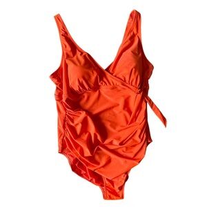 Kona Sol Bright Flirty Wrap Ruched Plus Sized Swimsuit 26W